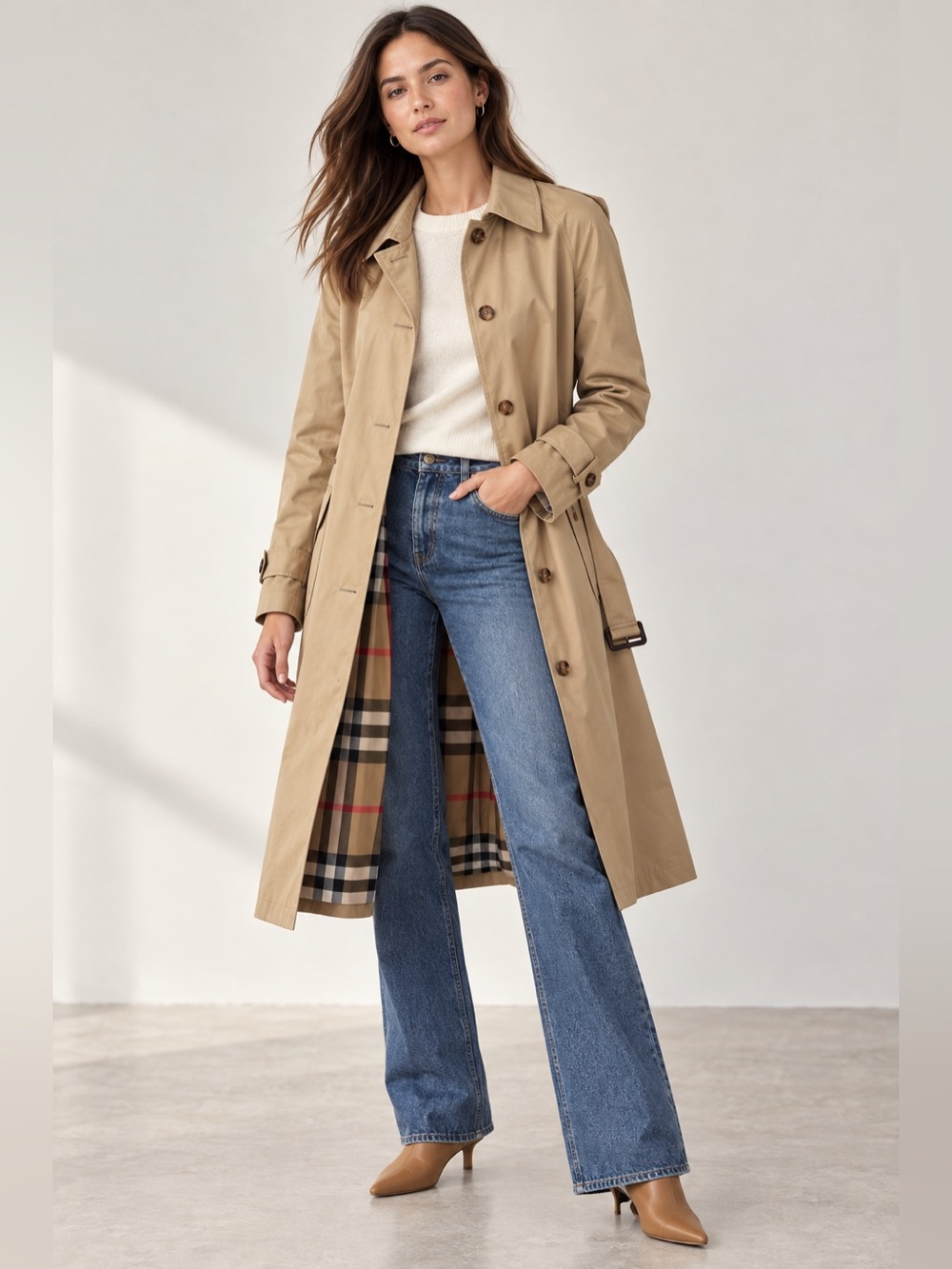 Burberry Brighton Honey Beige Belted Trench Coat With Signature Check Lining